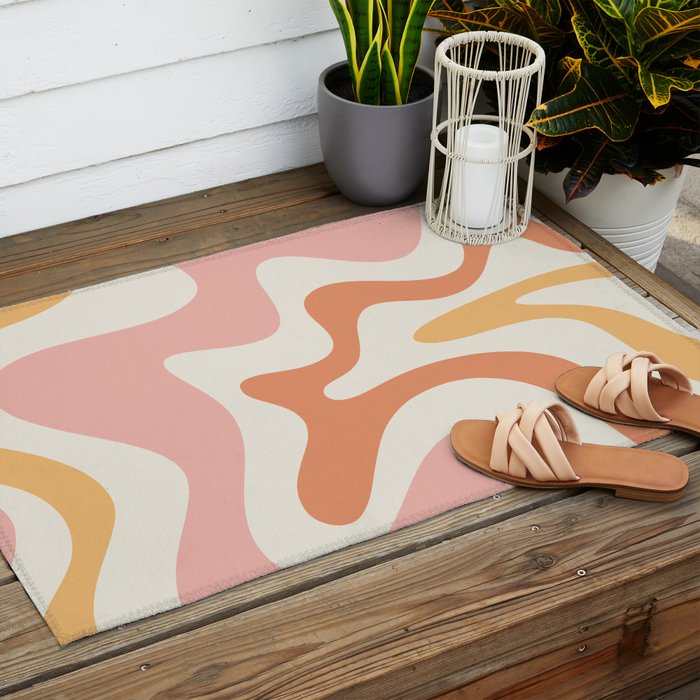 Retro Liquid Swirl Abstract Pattern Square Blush Cream Cantaloupe Mustard Outdoor Rug Gallery Image 2