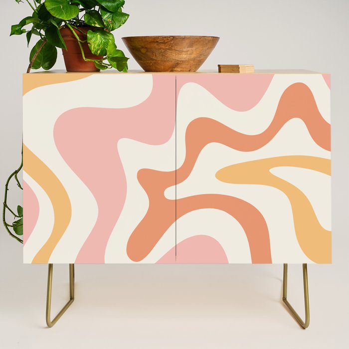 Retro Liquid Swirl Abstract Pattern Square Blush Cream Cantaloupe Mustard Credenza Gallery Image 1
