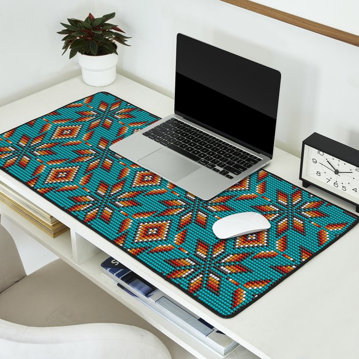 Modern colorful beaded boho aztec kilim pattern on teal Desk Mat Gallery Image 2