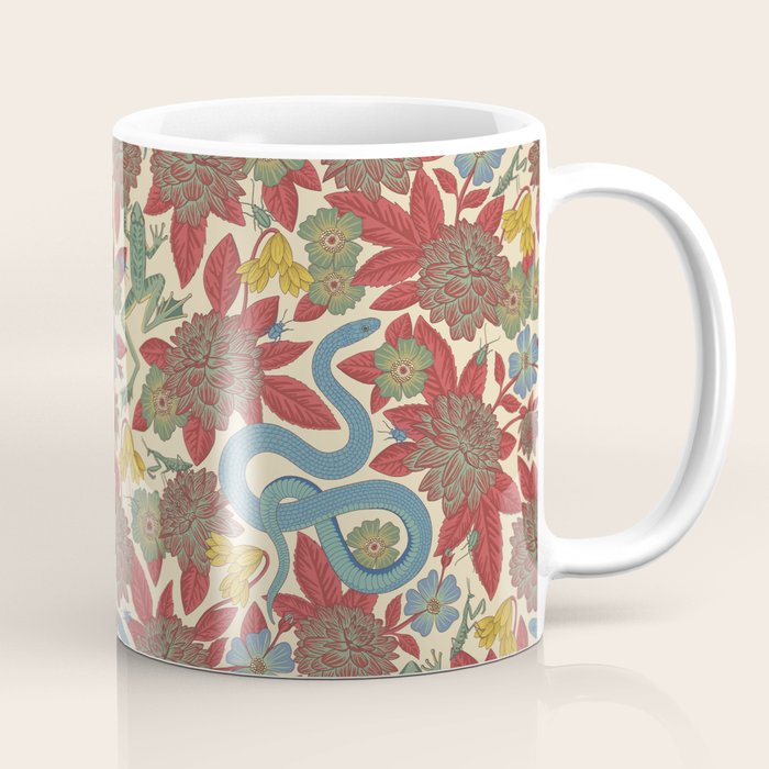 Large-Scale Dahlias, Frogs, Snakes, Praying Mantis in Red and Blue Coffee Mug Gallery Image 1