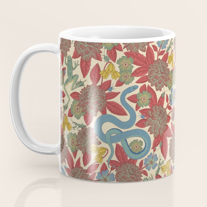 Large-Scale Dahlias, Frogs, Snakes, Praying Mantis in Red and Blue Coffee Mug Gallery Image 3