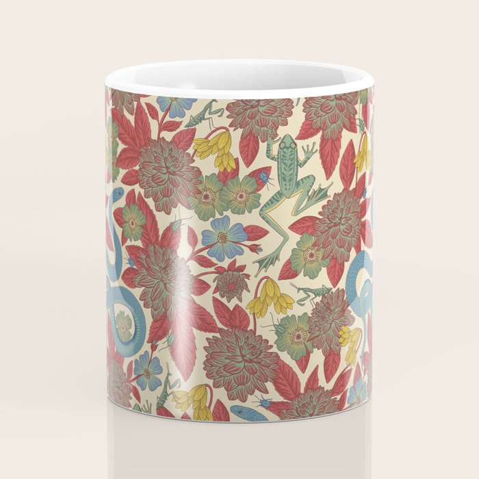 Large-Scale Dahlias, Frogs, Snakes, Praying Mantis in Red and Blue Coffee Mug Gallery Image 4