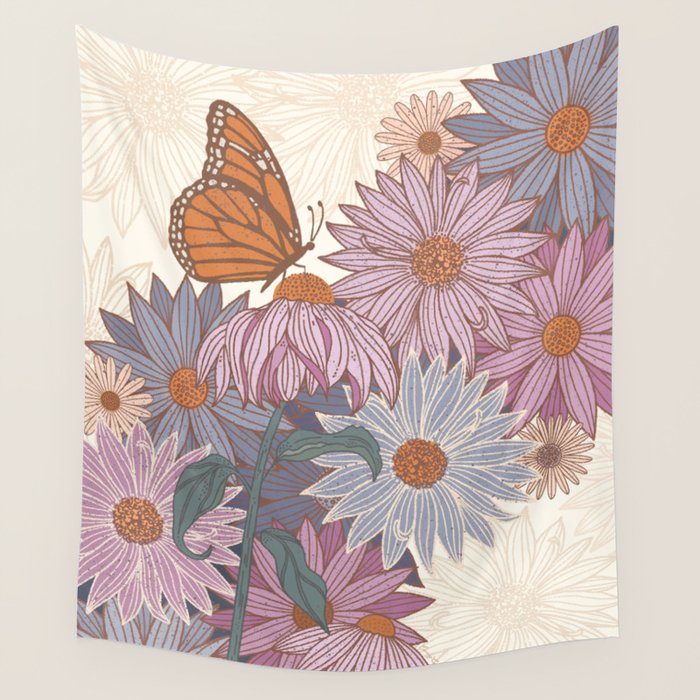 Monarch Butterfly and Wildflowers - Cream Wall Tapestry Gallery Image 1