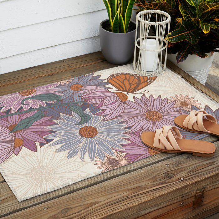 Monarch Butterfly and Wildflowers - Cream Outdoor Rug Gallery Image 2
