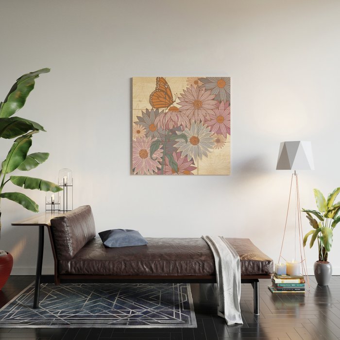 Monarch Butterfly and Wildflowers - Cream Wood Wall Art Gallery Image 2
