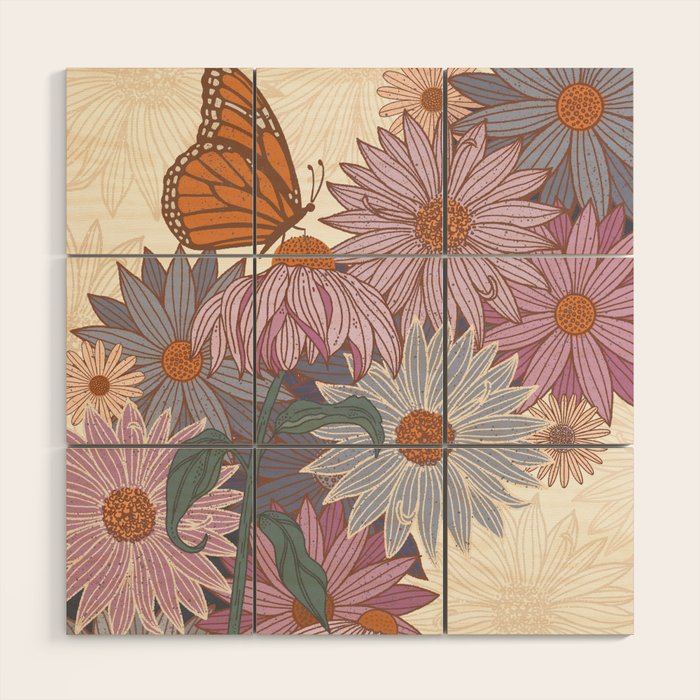 Monarch Butterfly and Wildflowers - Cream Wood Wall Art Gallery Image 1