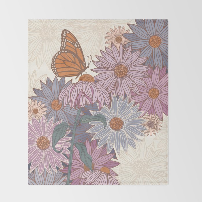 Monarch Butterfly and Wildflowers - Cream Throw Blanket Gallery Image 2