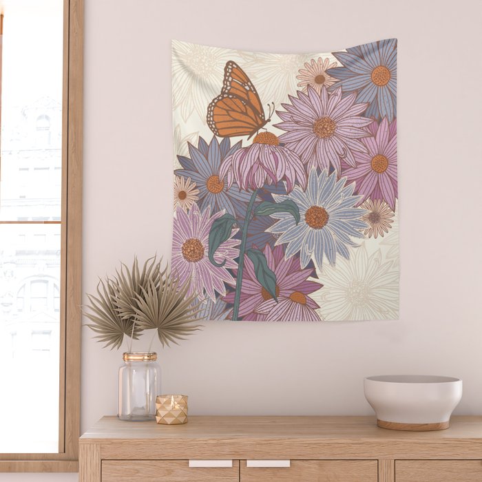 Monarch Butterfly and Wildflowers - Cream Wall Tapestry Gallery Image 2