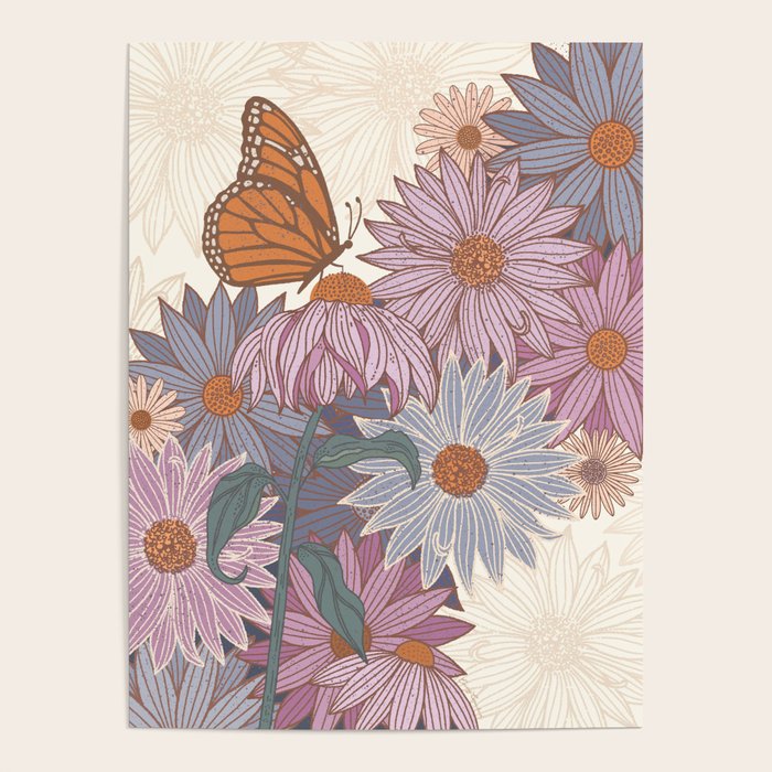 Monarch Butterfly and Wildflowers - Cream Poster Gallery Image 1