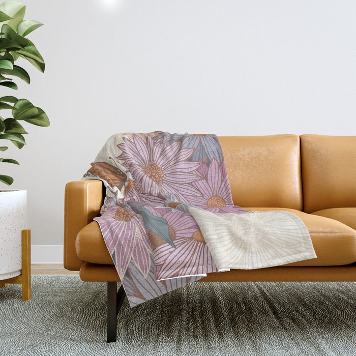 Monarch Butterfly and Wildflowers - Cream Throw Blanket Gallery Image 1