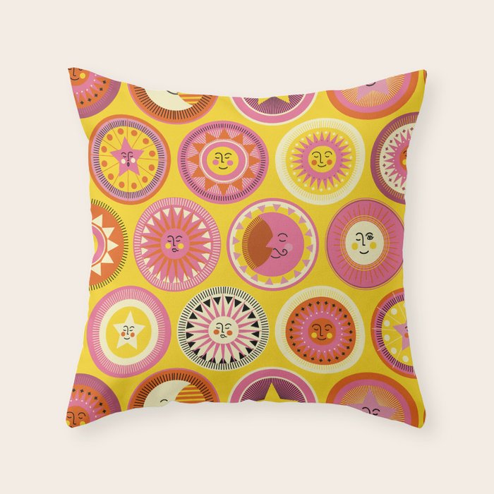 Many faces of Sun, Moon and Stars Throw Pillow Gallery Image 1