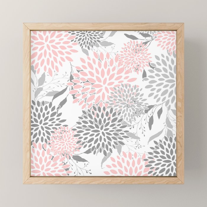Festive, Floral Prints, Leaves and Blooms, Pink, Gray and White Mini Art Print Gallery Image 1