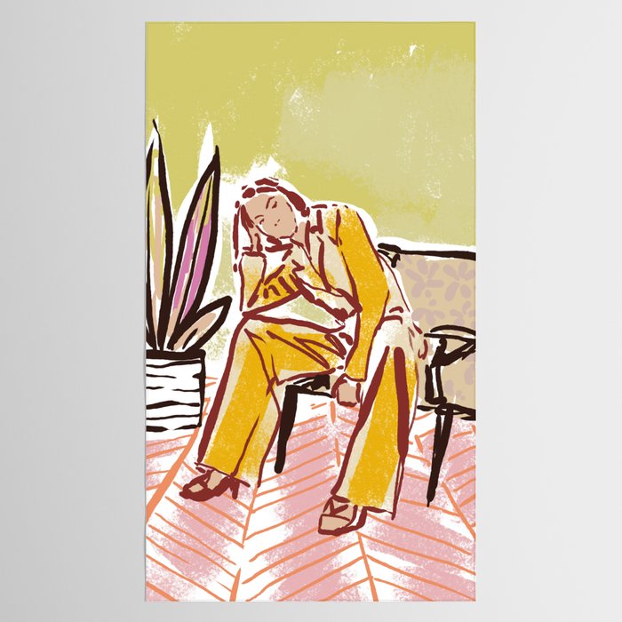 Woman sitting on sofa Tablecloth Gallery Image 2