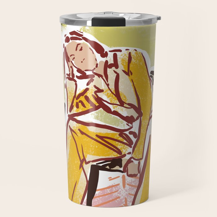 Woman sitting on sofa Travel Mug Gallery Image 1