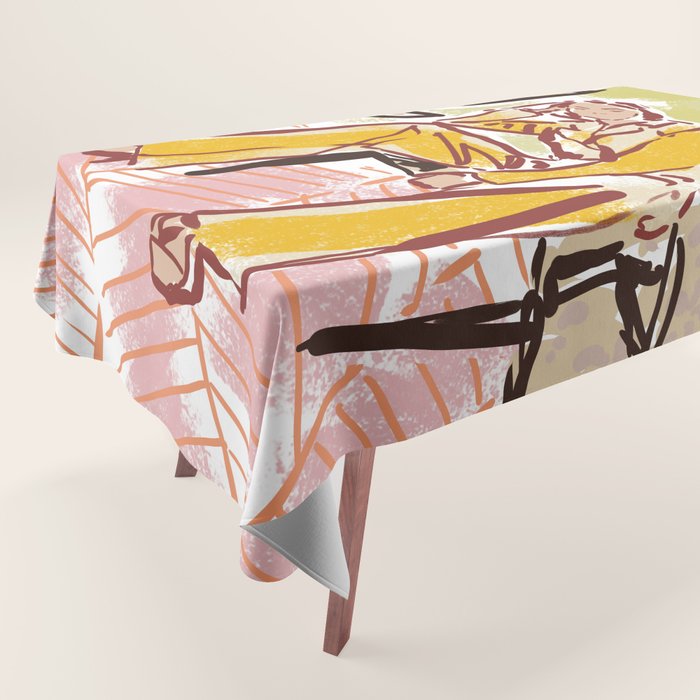 Woman sitting on sofa Tablecloth Gallery Image 1