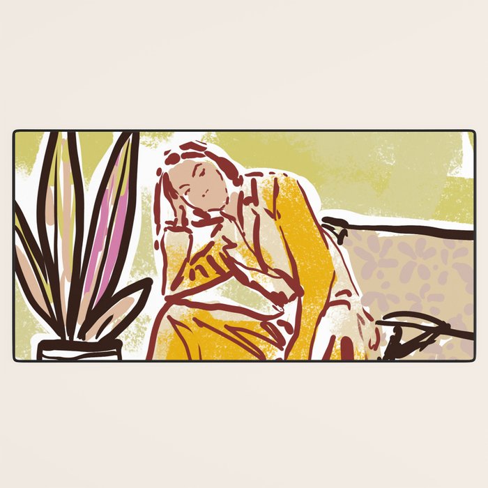 Woman sitting on sofa Desk Mat Gallery Image 3