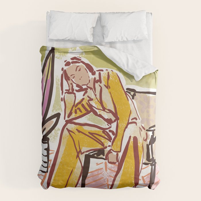 Woman sitting on sofa Duvet Cover Gallery Image 1