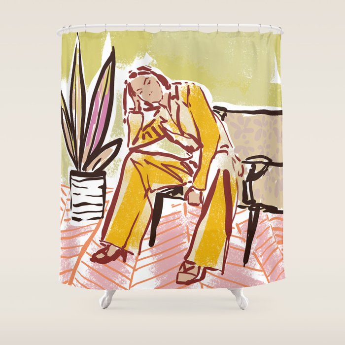 Woman sitting on sofa Shower Curtain Gallery Image 1