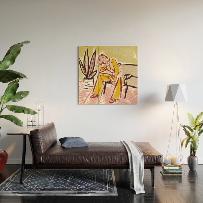 Woman sitting on sofa Wood Wall Art Gallery Image 2