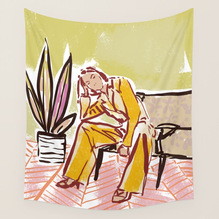 Woman sitting on sofa Wall Tapestry Gallery Image 4