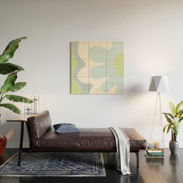 Happy Flower 60s Retro Vibe Light Blue Light Green White Wood Wall Art Gallery Image 2