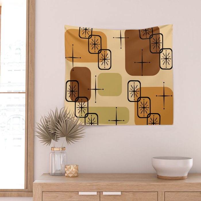 Mid Century Modern Sputnik Cards Ochre Brown Wall Tapestry Gallery Image 2