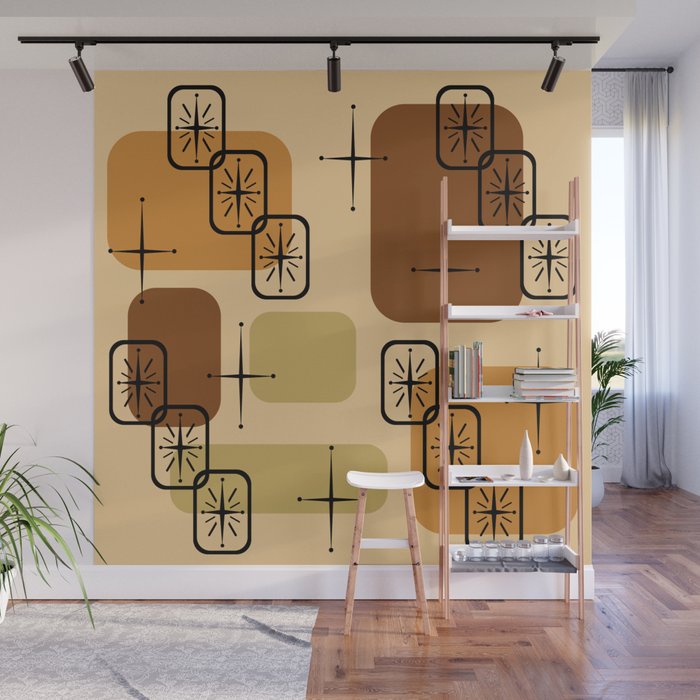 Mid Century Modern Sputnik Cards Ochre Brown Wall Mural Gallery Image 1
