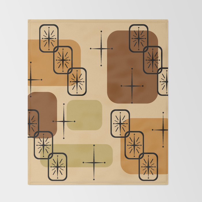 Mid Century Modern Sputnik Cards Ochre Brown Throw Blanket Gallery Image 2