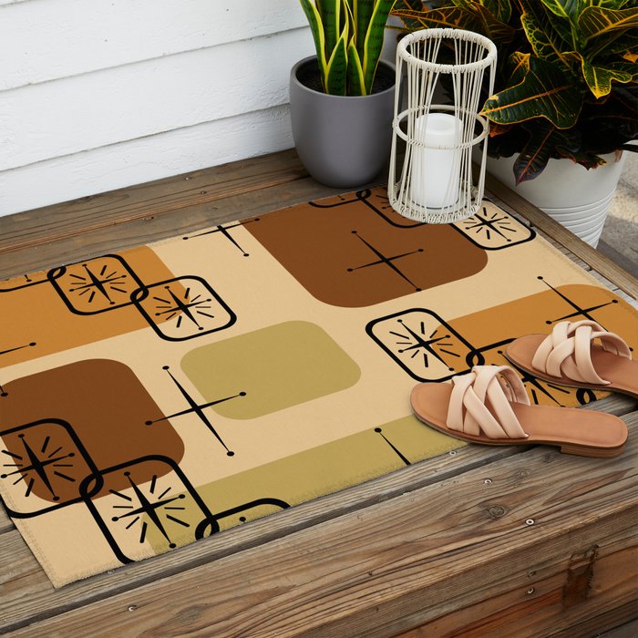 Mid Century Modern Sputnik Cards Ochre Brown Outdoor Rug Gallery Image 2