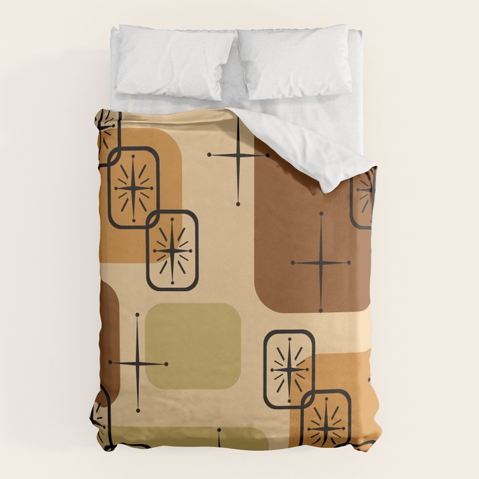 Mid Century Modern Sputnik Cards Ochre Brown Duvet Cover