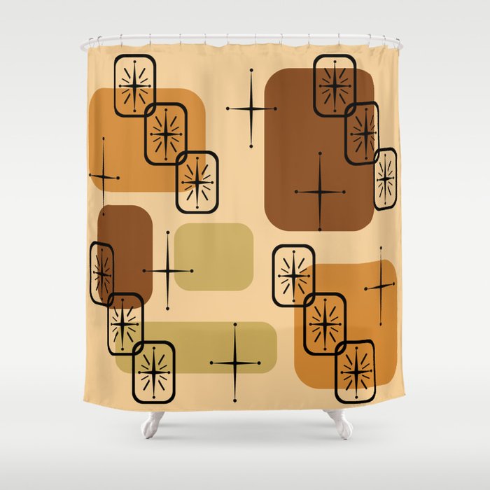 Mid Century Modern Sputnik Cards Ochre Brown Shower Curtain Gallery Image 1