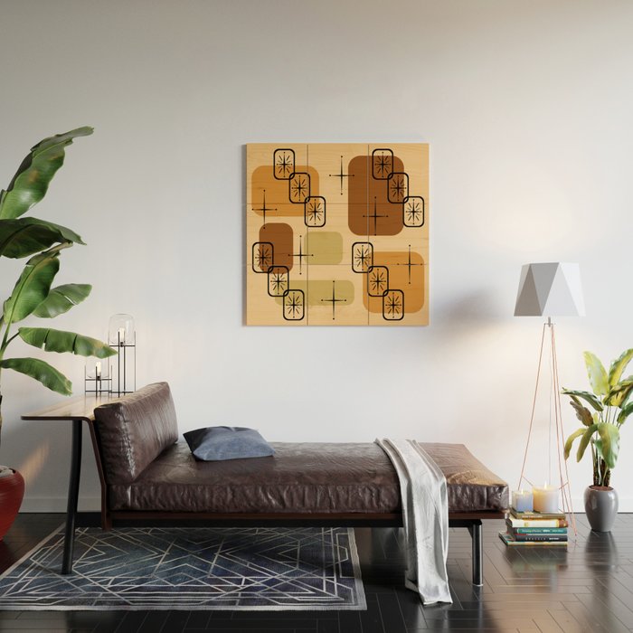 Mid Century Modern Sputnik Cards Ochre Brown Wood Wall Art Gallery Image 2