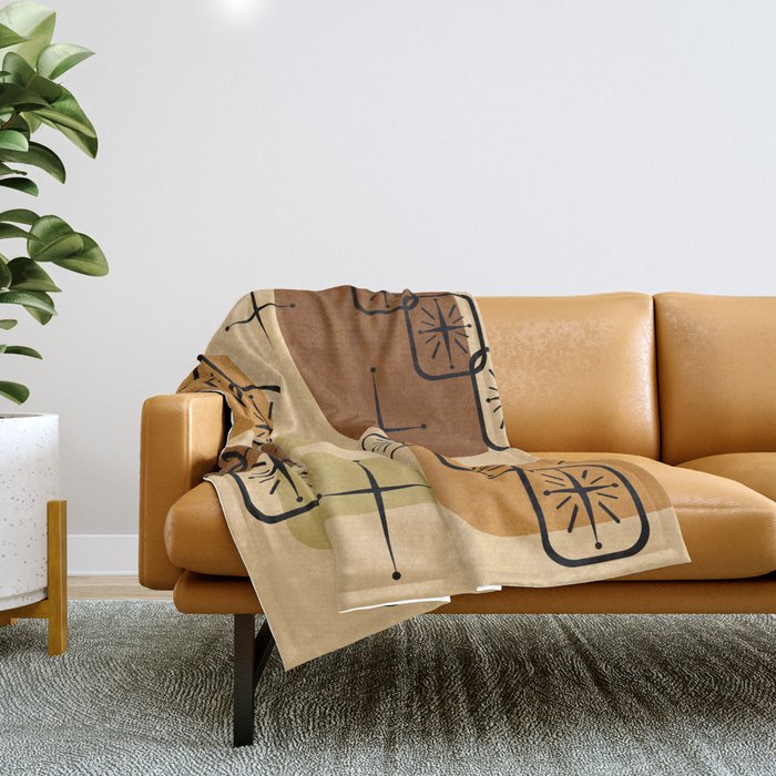 Mid Century Modern Sputnik Cards Ochre Brown Throw Blanket Gallery Image 1