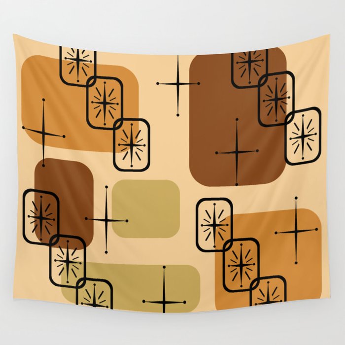 Mid Century Modern Sputnik Cards Ochre Brown Wall Tapestry Gallery Image 4