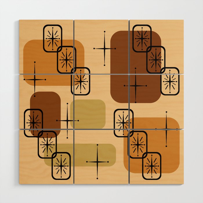 Mid Century Modern Sputnik Cards Ochre Brown Wood Wall Art Gallery Image 1