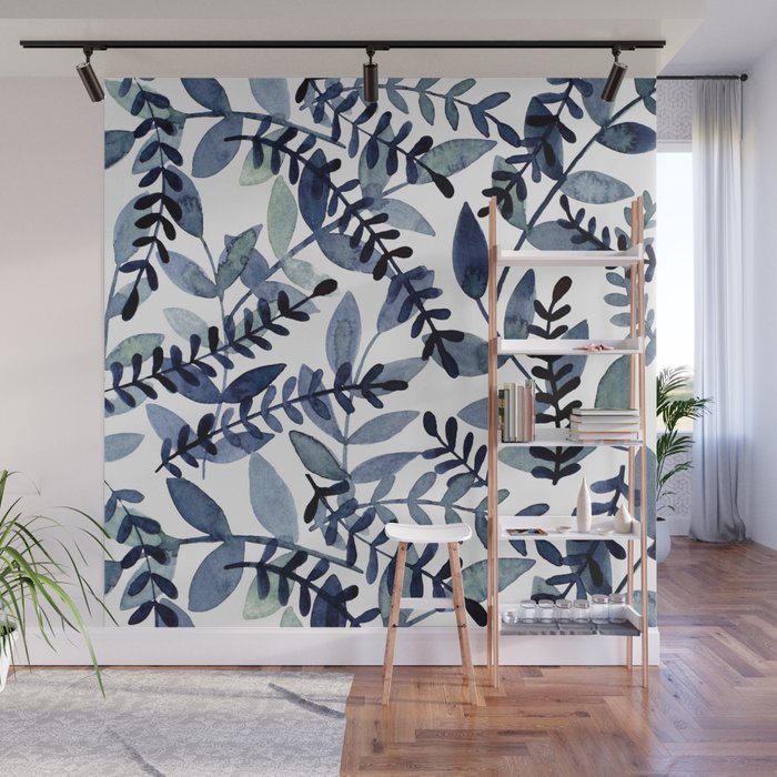 Watercolor branches - indigo Wall Mural Gallery Image 1