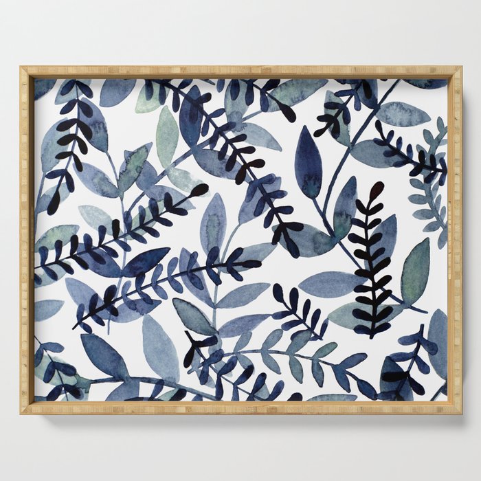 Watercolor branches - indigo Serving Tray Gallery Image 1