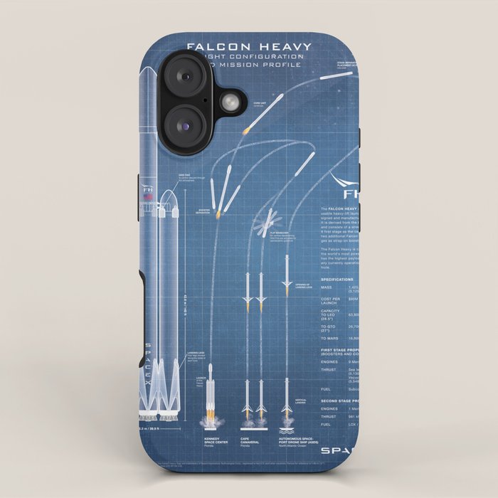 SpaceX Falcon Heavy Spacecraft NASA Rocket Blueprint in High Resolution (light blue) iPhone Case Gallery Image 1