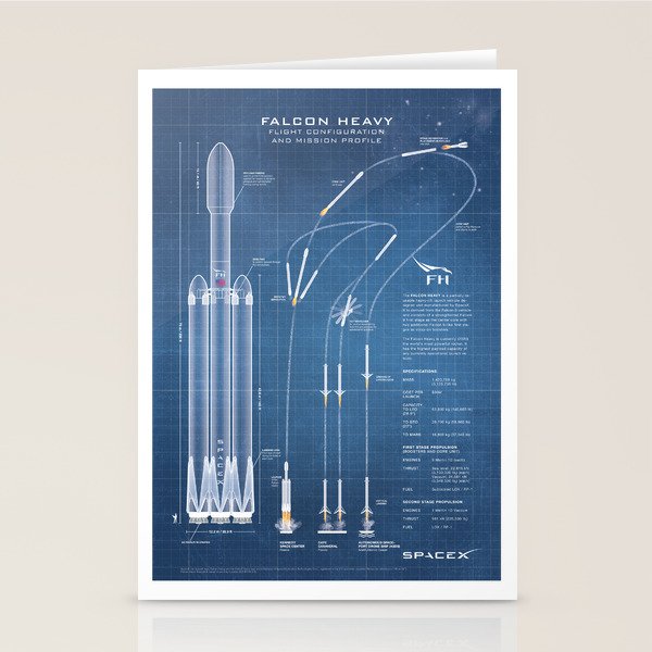 SpaceX Falcon Heavy Spacecraft NASA Rocket Blueprint in High Resolution (light blue) Stationery Card Gallery Image 2