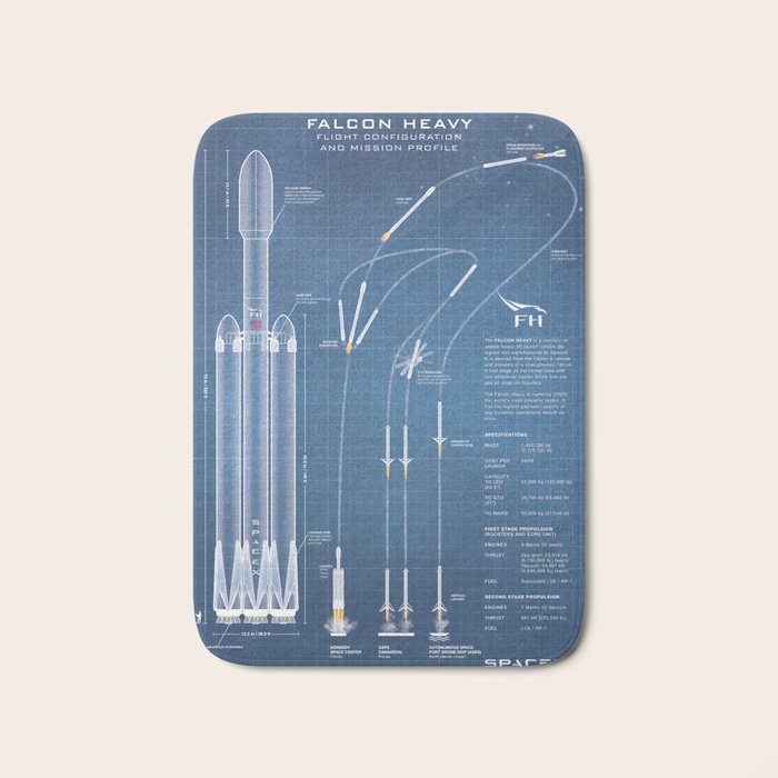 SpaceX Falcon Heavy Spacecraft NASA Rocket Blueprint in High Resolution (light blue) Bath Mat Gallery Image 1