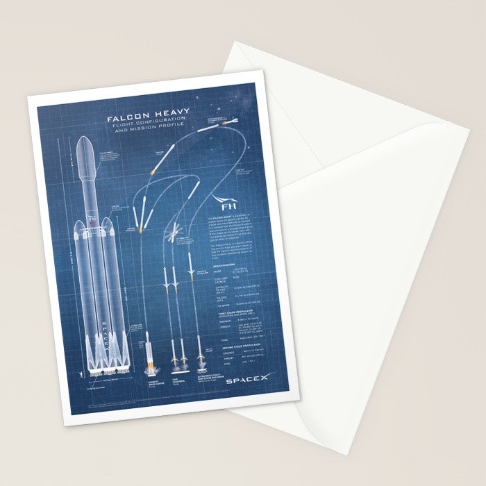 SpaceX Falcon Heavy Spacecraft NASA Rocket Blueprint in High Resolution (light blue) Stationery Card Gallery Image 2