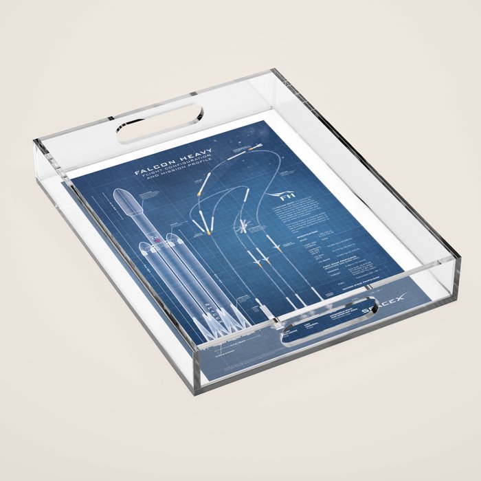 SpaceX Falcon Heavy Spacecraft NASA Rocket Blueprint in High Resolution (light blue) Acrylic Tray Gallery Image 1