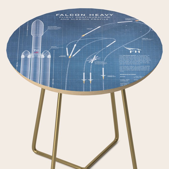 SpaceX Falcon Heavy Spacecraft NASA Rocket Blueprint in High Resolution (light blue) Side Table Gallery Image 2