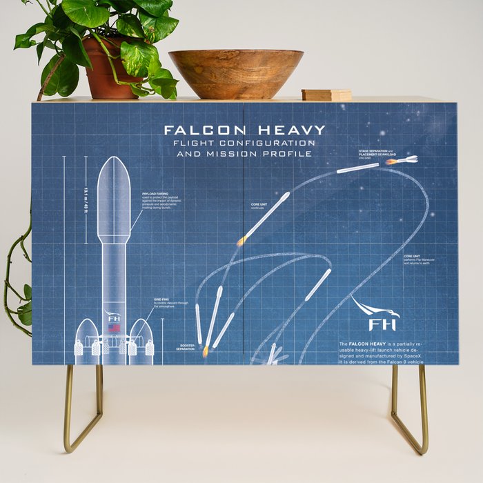 SpaceX Falcon Heavy Spacecraft NASA Rocket Blueprint in High Resolution (light blue) Credenza Gallery Image 1