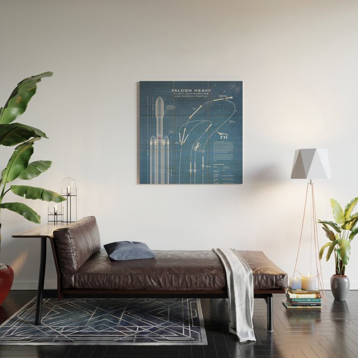 SpaceX Falcon Heavy Spacecraft NASA Rocket Blueprint in High Resolution (light blue) Wood Wall Art Gallery Image 2