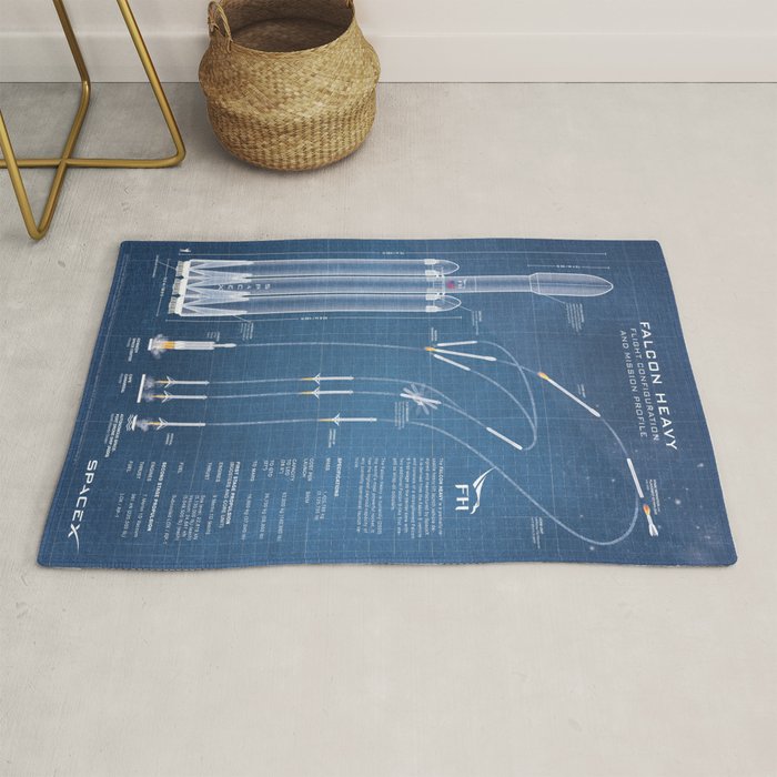 SpaceX Falcon Heavy Spacecraft NASA Rocket Blueprint in High Resolution (light blue) Rug Gallery Image 1