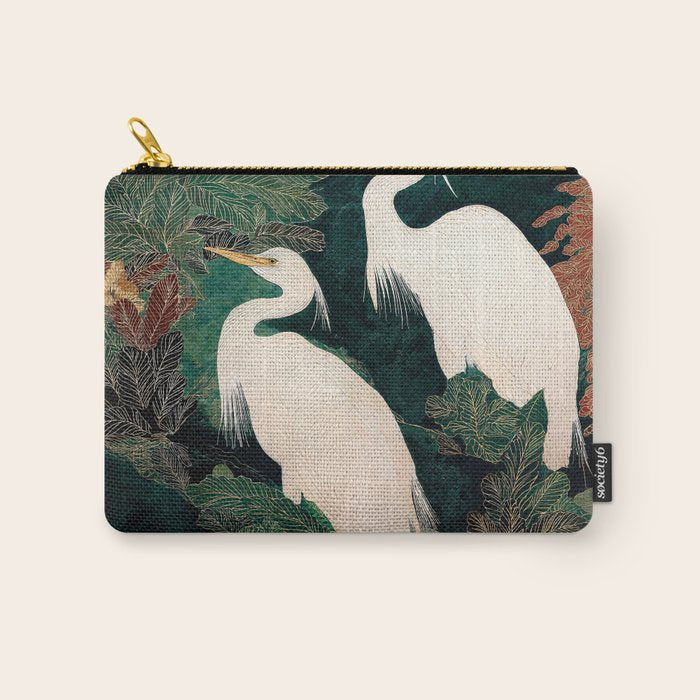 Japanese chinoiserie Bird Wall Art Maximalist Green Print Heron Painting japandi living room poster Carry All Pouch Gallery Image 1