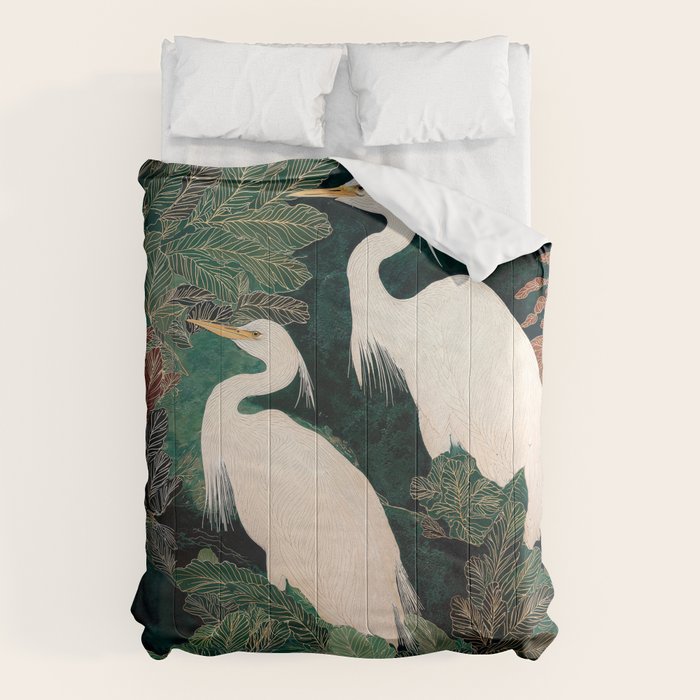 Japanese chinoiserie Bird Wall Art Maximalist Green Print Heron Painting japandi living room poster Comforter Gallery Image 6