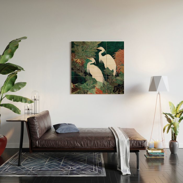 Japanese chinoiserie Bird Wall Art Maximalist Green Print Heron Painting japandi living room poster Wood Wall Art Gallery Image 2