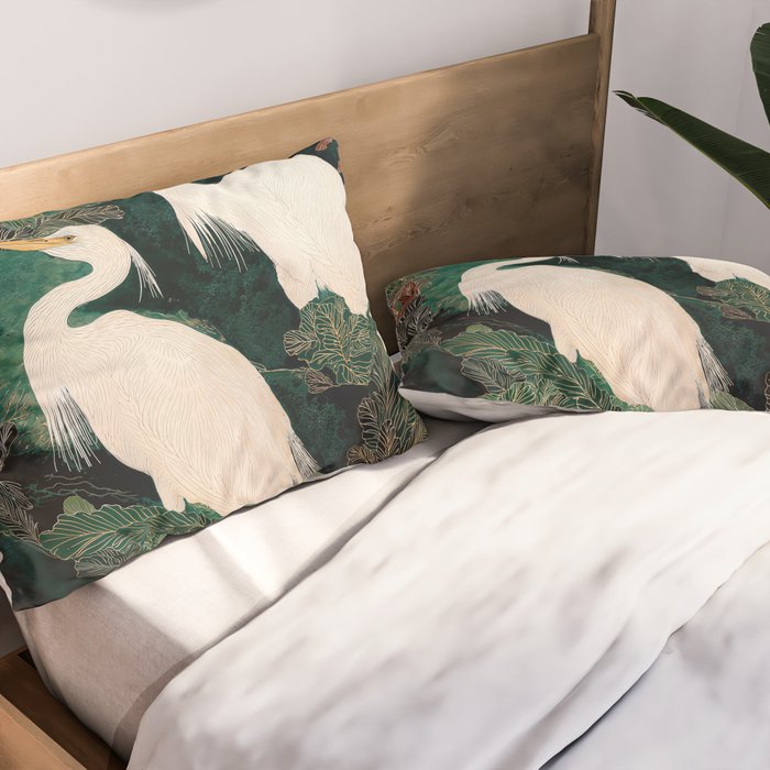 Japanese chinoiserie Bird Wall Art Maximalist Green Print Heron Painting japandi living room poster Pillow Sham Gallery Image 2